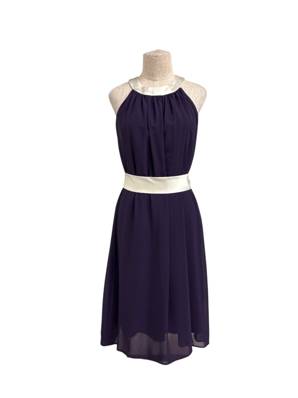 Vintage 90s Dessy Collection Concord Purple Halter Dress Size 16 Beaded Neckline